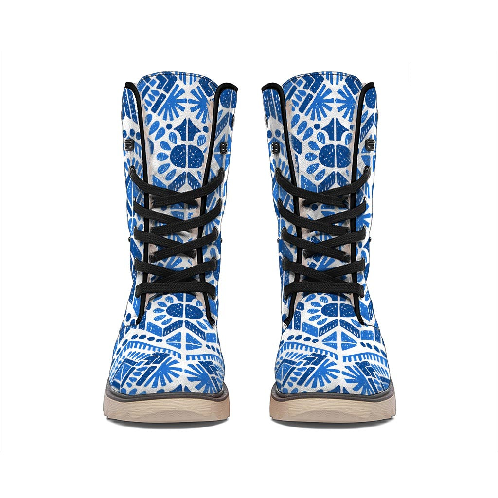 Blue And White Aztec Pattern Print Winter Boots