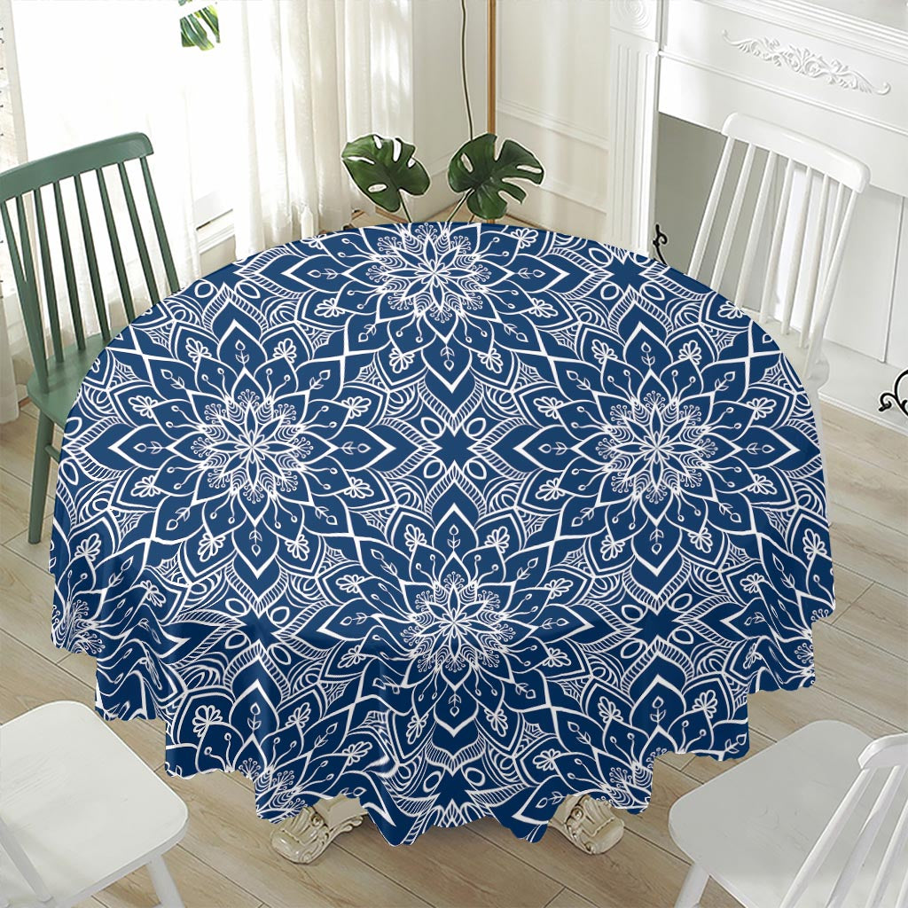 Blue And White Bohemian Mandala Print Waterproof Round Tablecloth