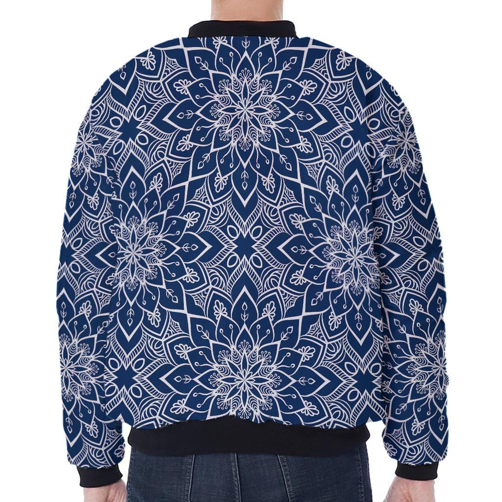 Blue And White Bohemian Mandala Print Zip Sleeve Bomber Jacket