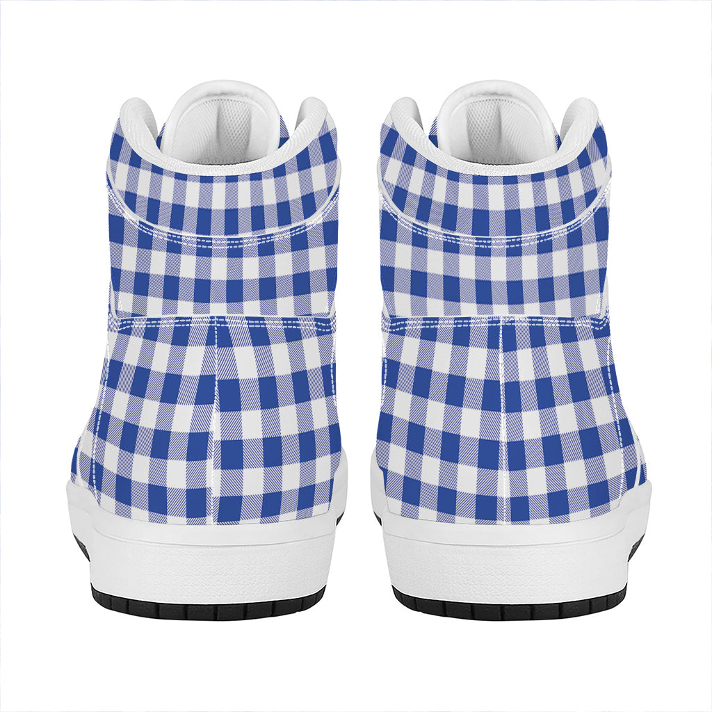 Blue And White Buffalo Check Print High Top Leather Sneakers