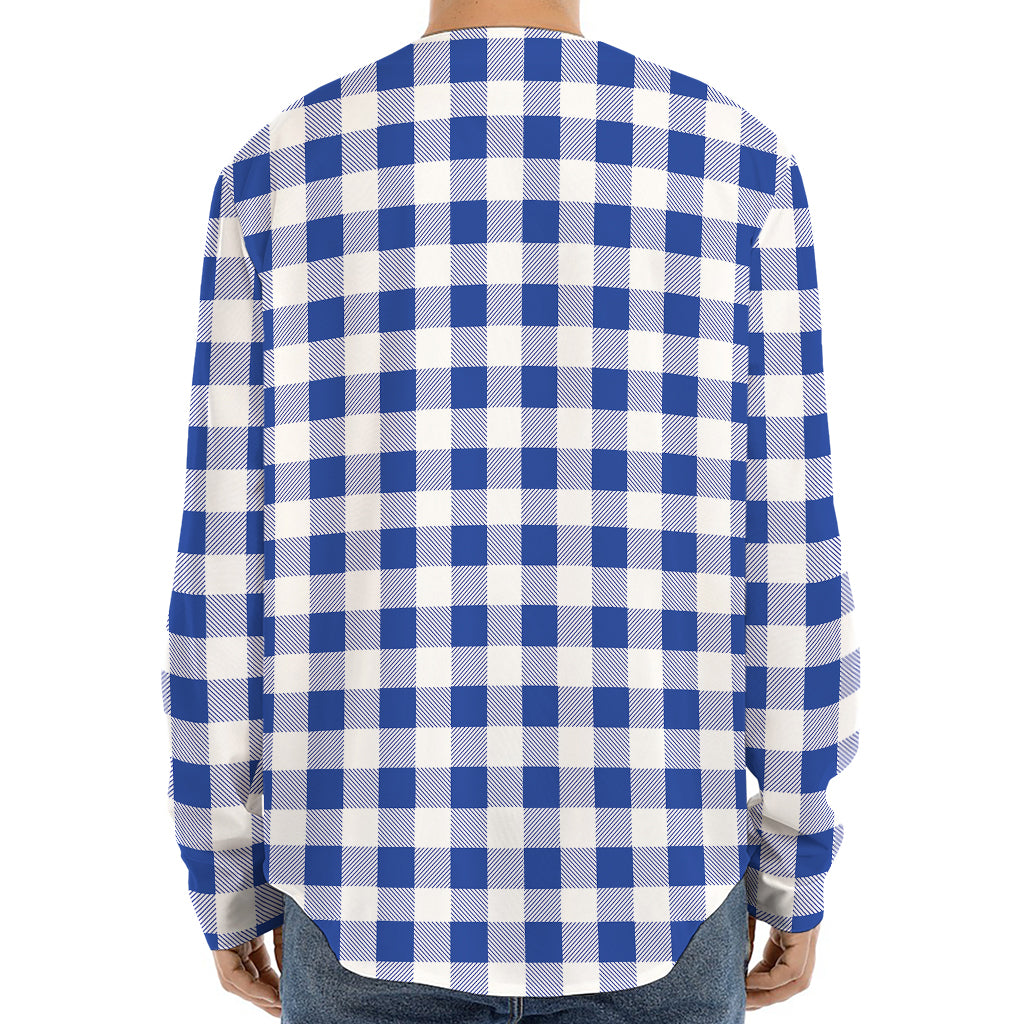 Blue And White Buffalo Check Print Long Sleeve Baseball Jersey