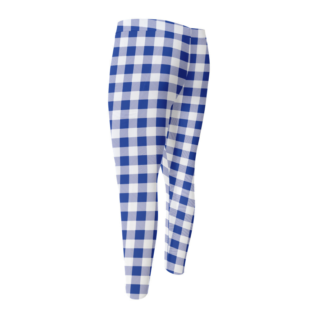 Blue And White Buffalo Check Print Men's Compression Pants