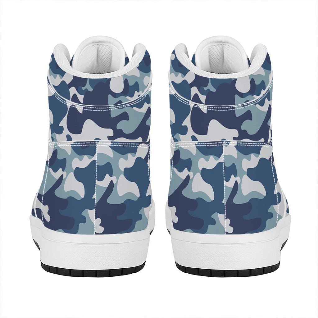 Blue And White Camouflage Print High Top Leather Sneakers