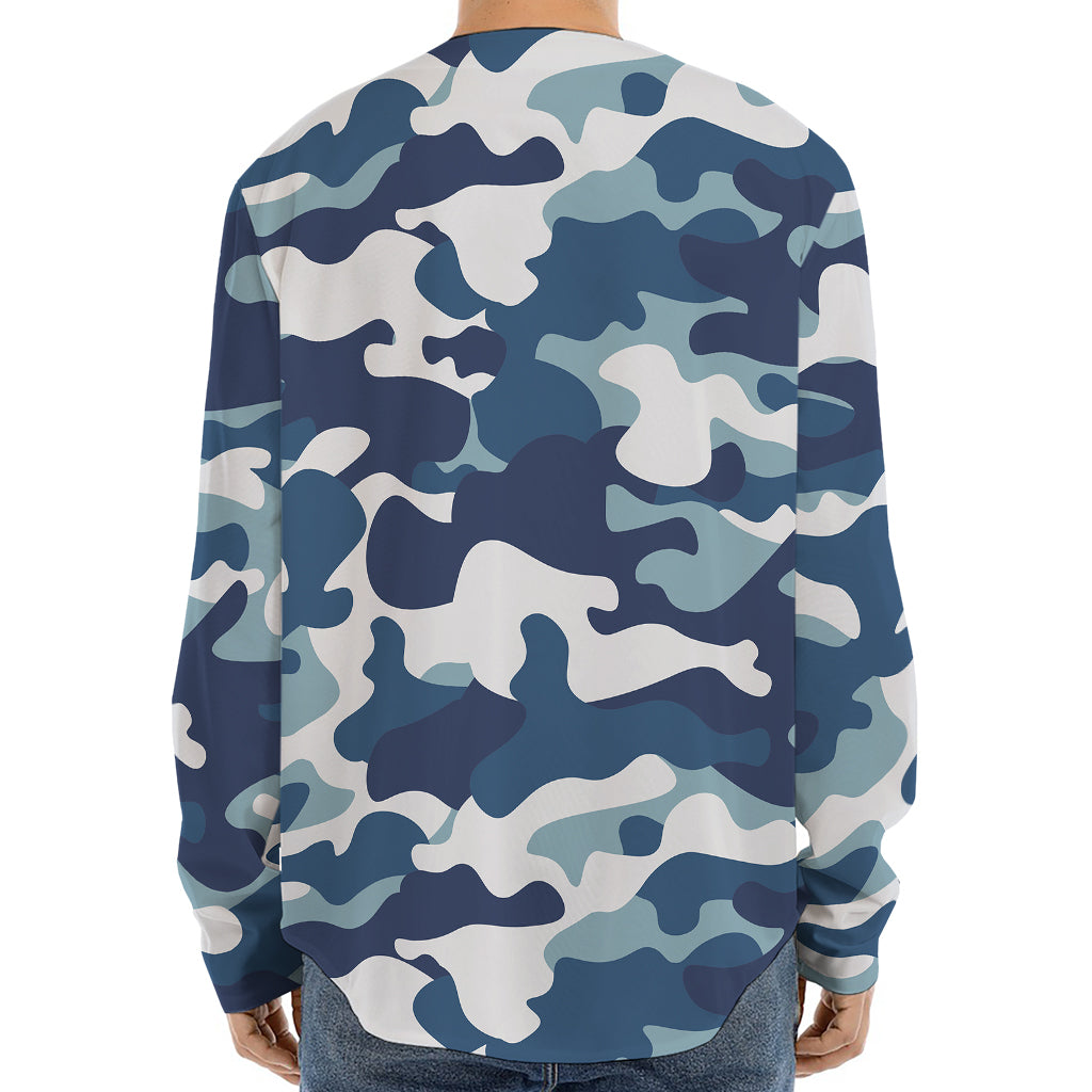 Blue And White Camouflage Print Long Sleeve Baseball Jersey