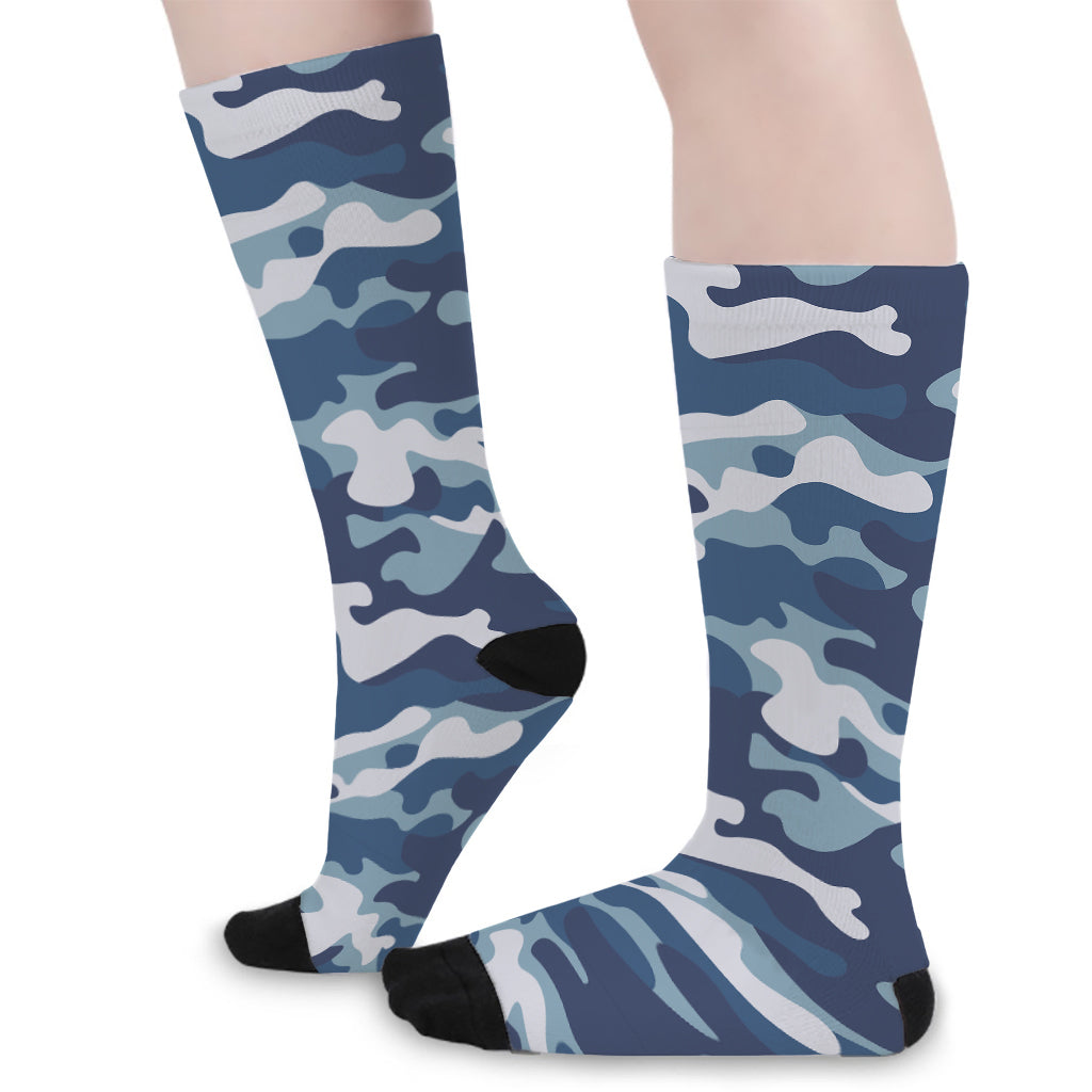 Blue And White Camouflage Print Long Socks
