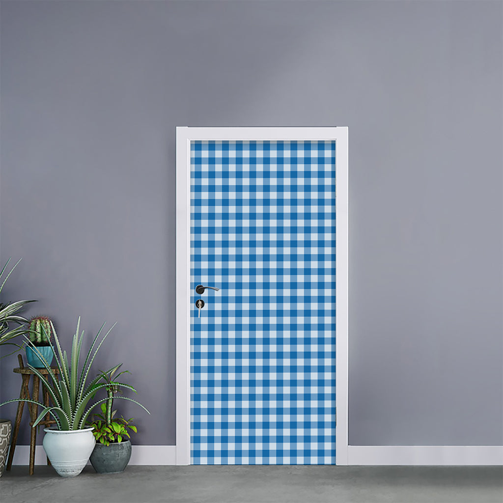Blue And White Check Pattern Print Door Sticker