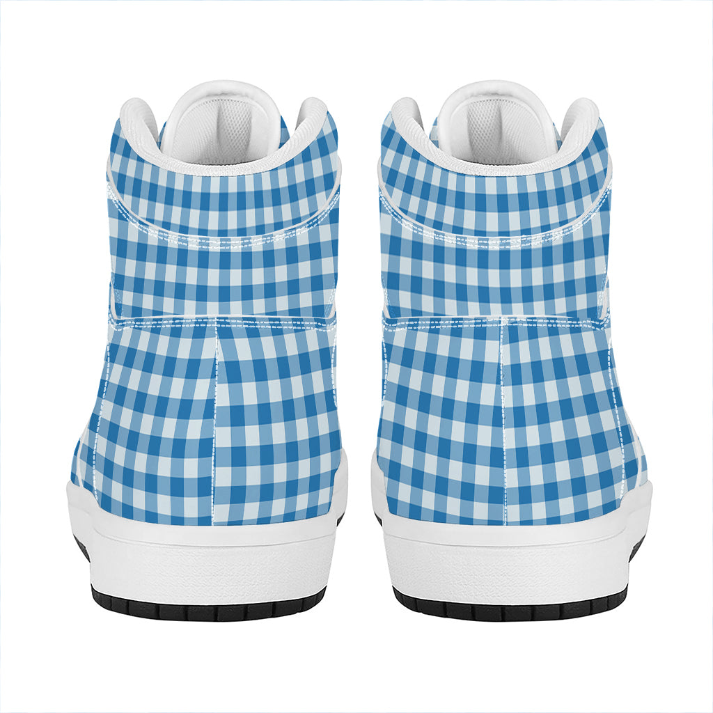 Blue And White Check Pattern Print High Top Leather Sneakers