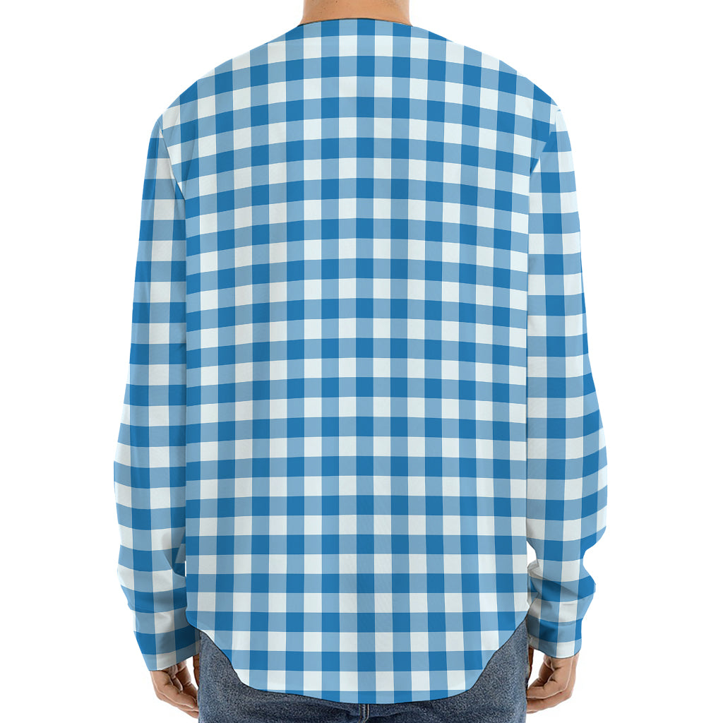 Blue And White Check Pattern Print Long Sleeve Baseball Jersey