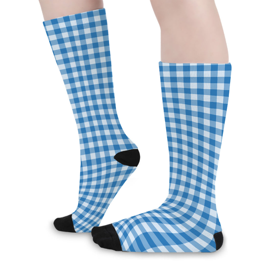 Blue And White Check Pattern Print Long Socks