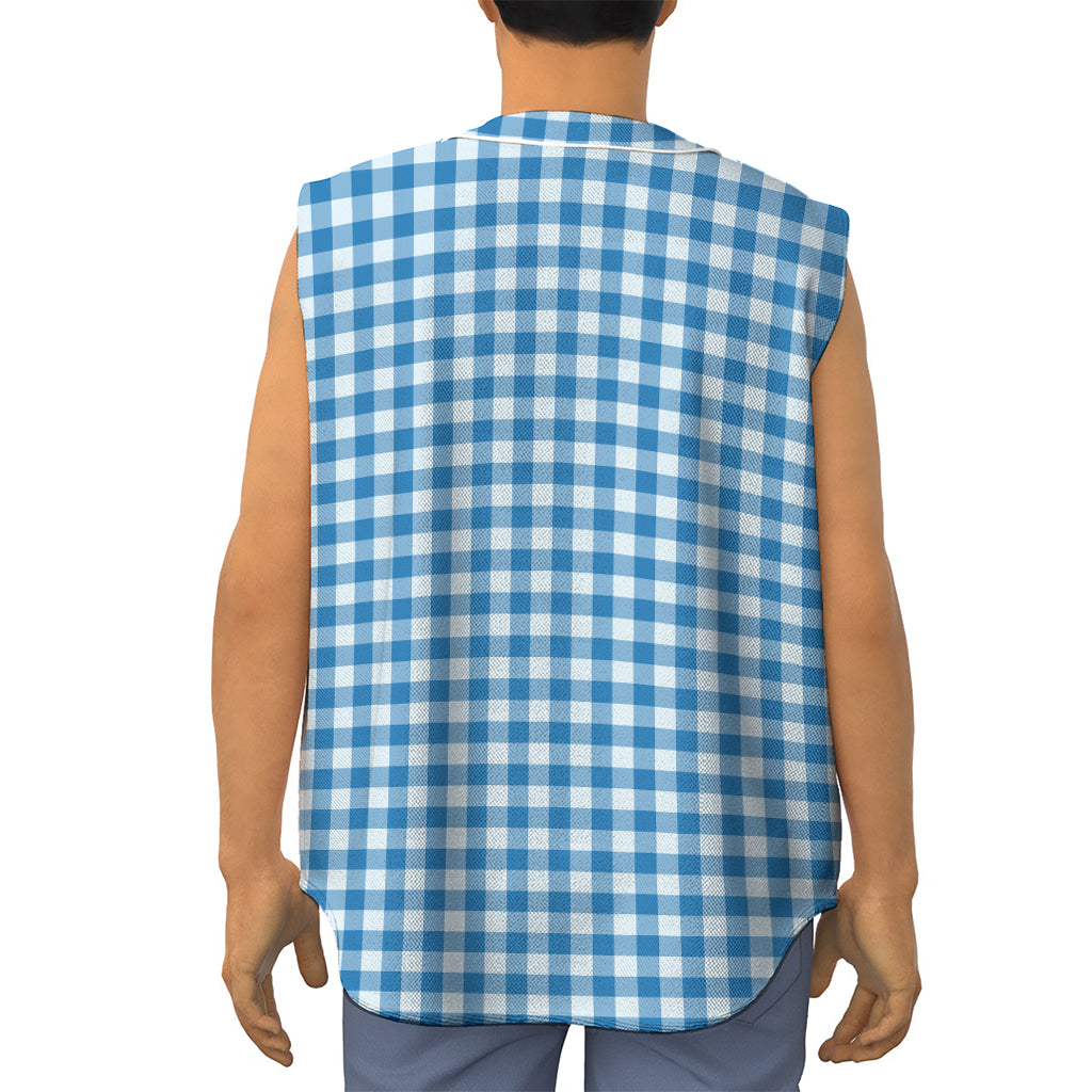 Blue And White Check Pattern Print Sleeveless Baseball Jersey