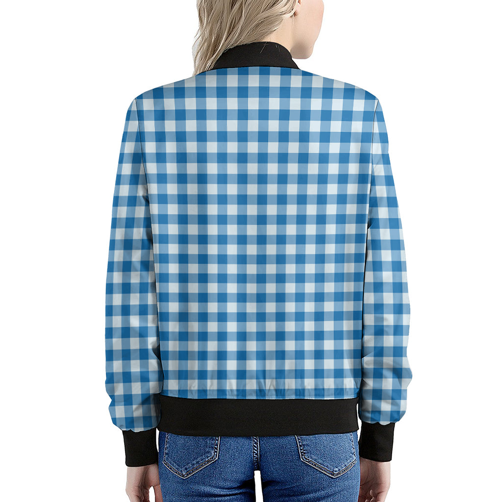 Blue And White Check Pattern Print Women's Bomber Jacket