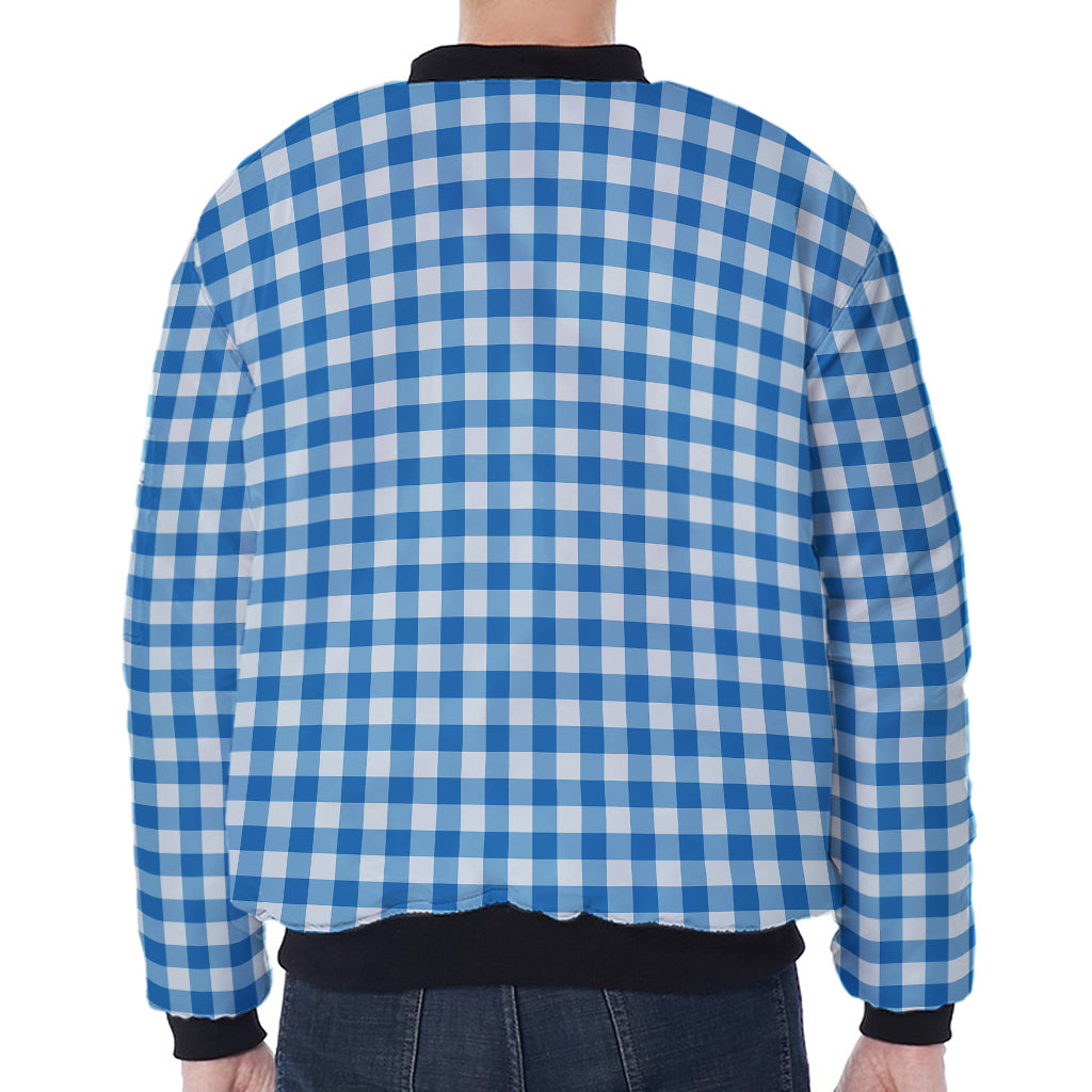 Blue And White Check Pattern Print Zip Sleeve Bomber Jacket