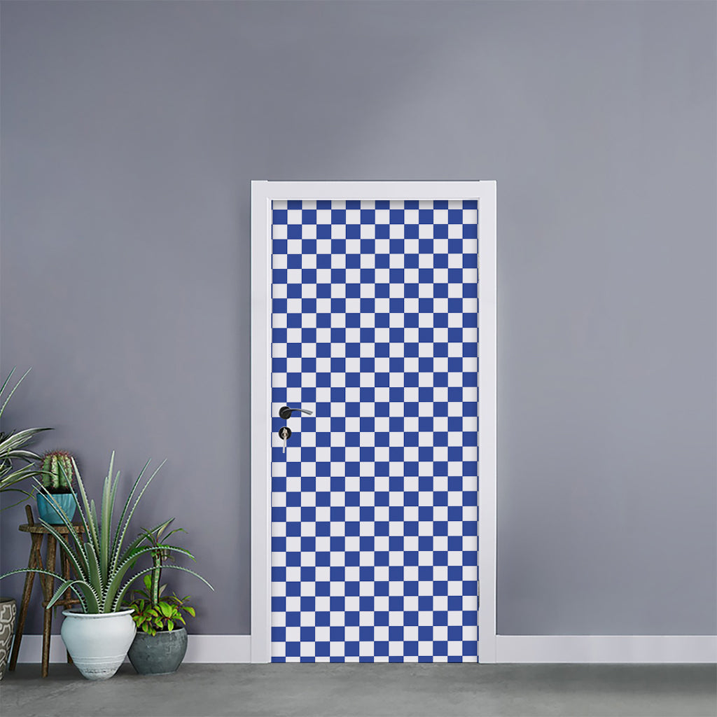 Blue And White Checkered Pattern Print Door Sticker