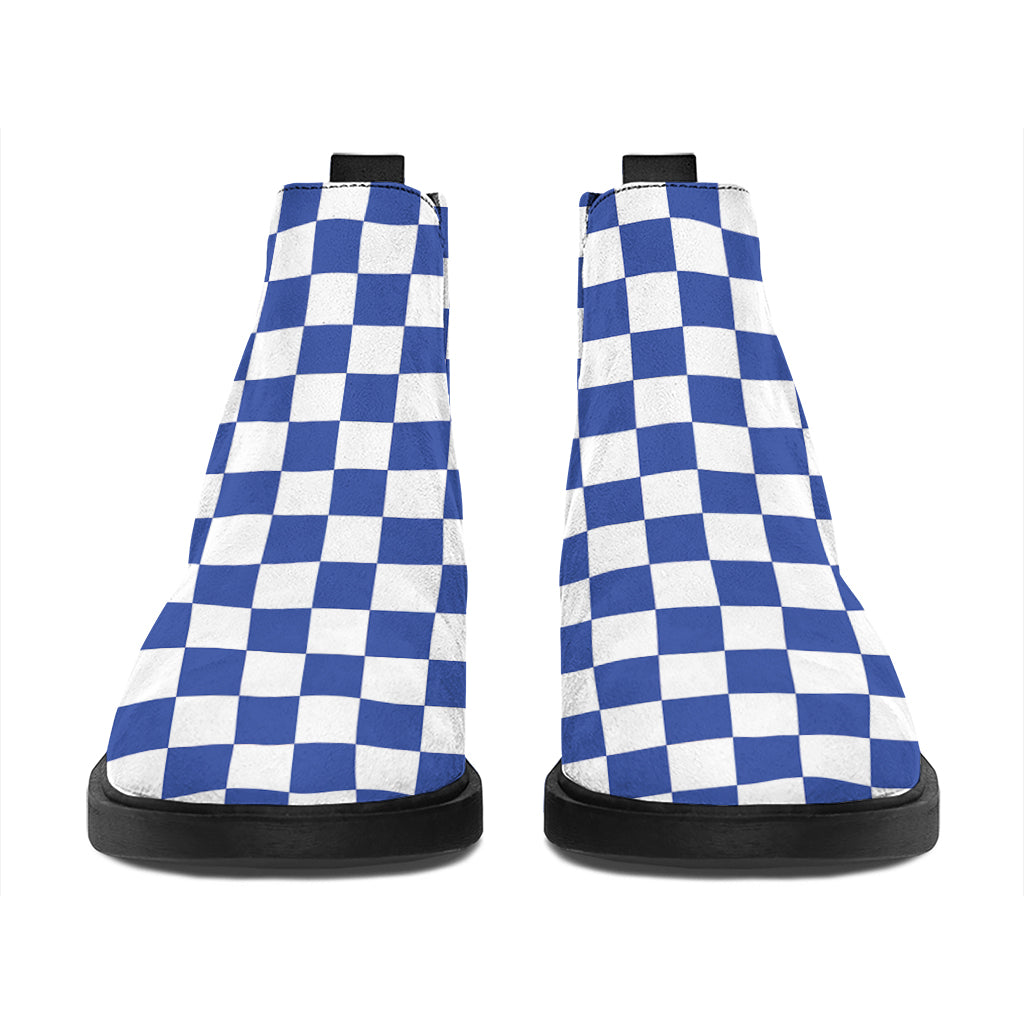 Blue And White Checkered Pattern Print Flat Ankle Boots