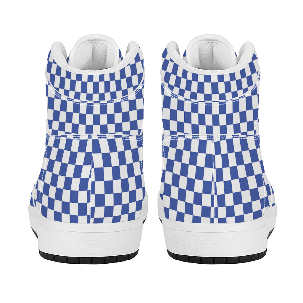Blue And White Checkered Pattern Print High Top Leather Sneakers