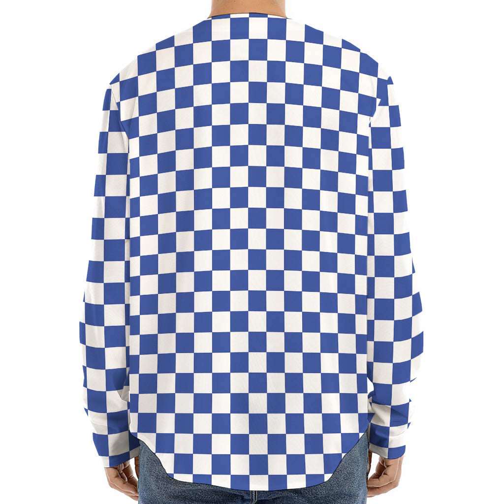 Blue And White Checkered Pattern Print Long Sleeve Baseball Jersey