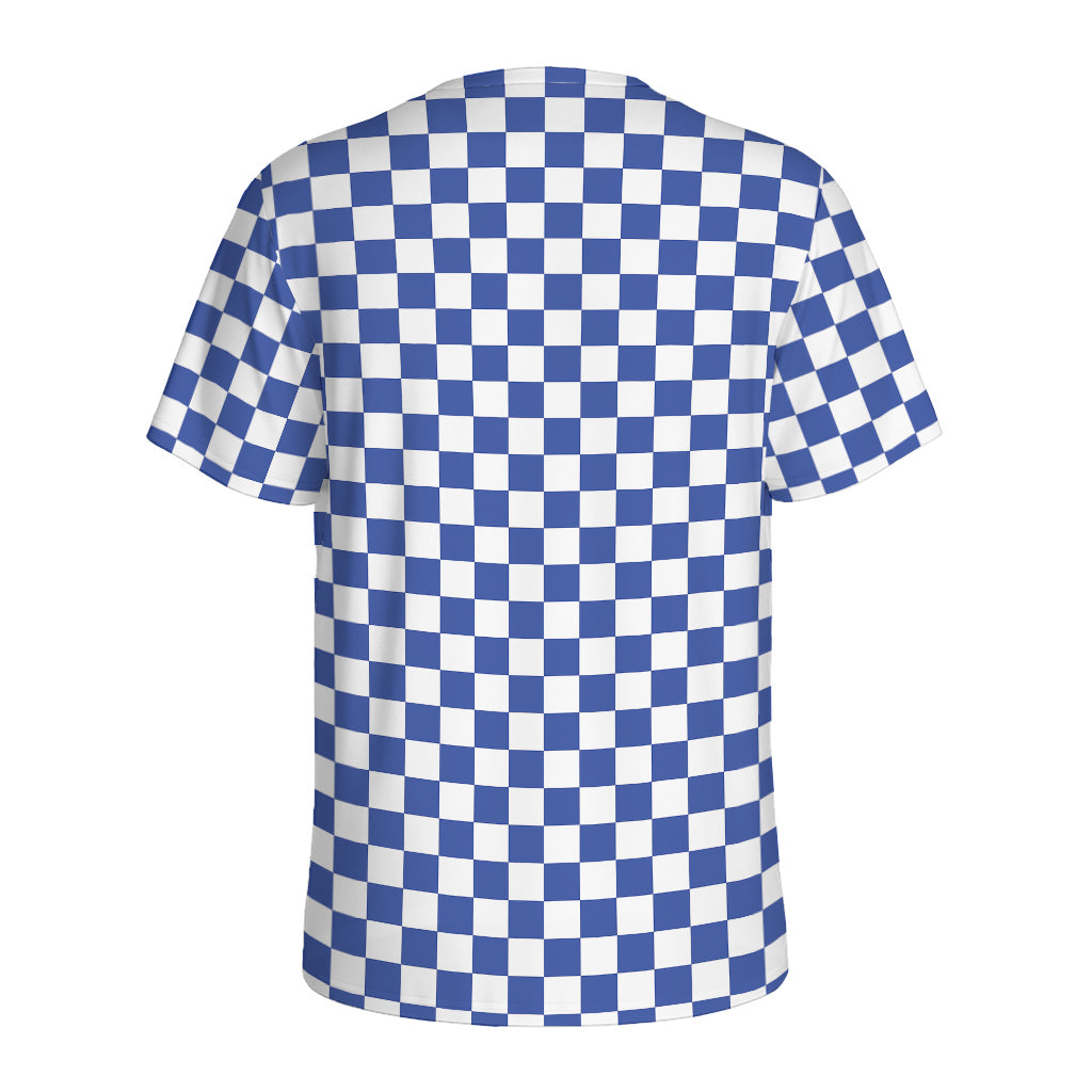 Blue And White Checkered Pattern Print Men's Sports T-Shirt