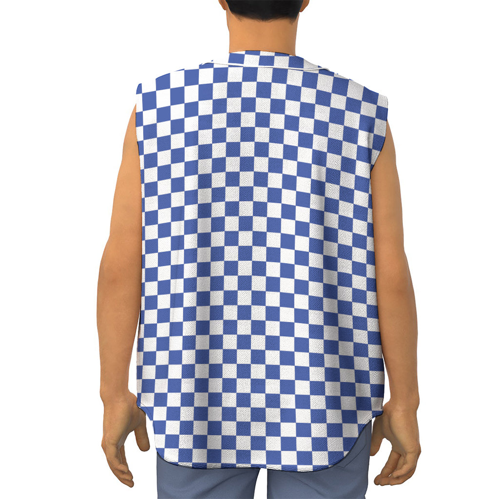 Blue And White Checkered Pattern Print Sleeveless Baseball Jersey