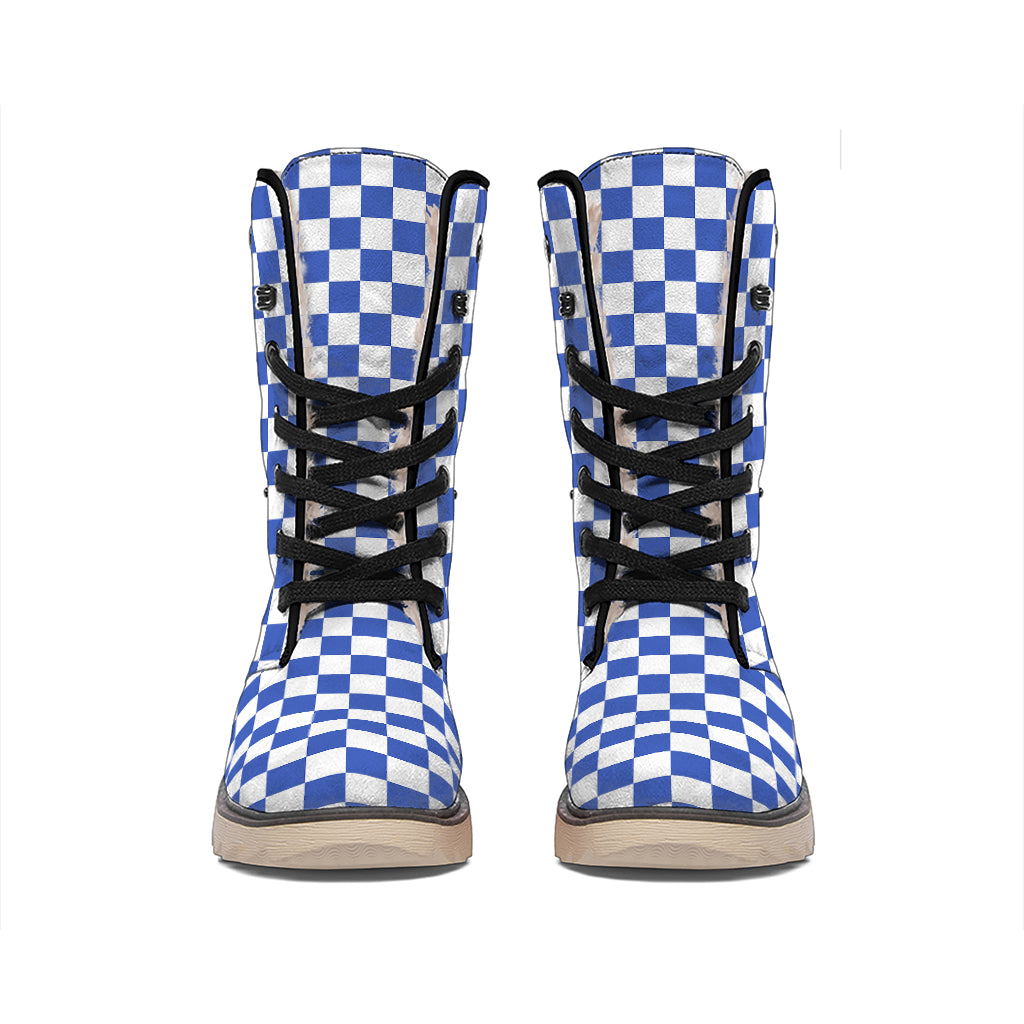 Blue And White Checkered Pattern Print Winter Boots