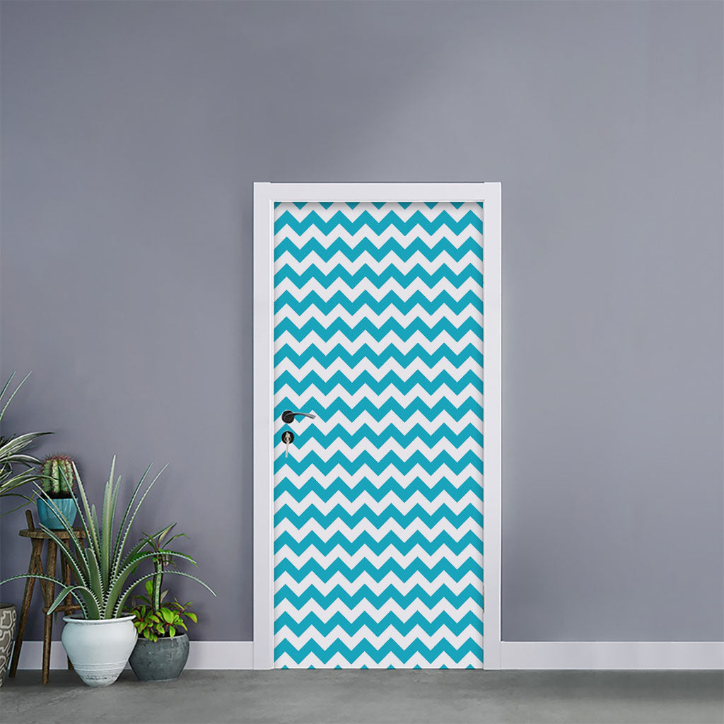 Blue And White Chevron Pattern Print Door Sticker