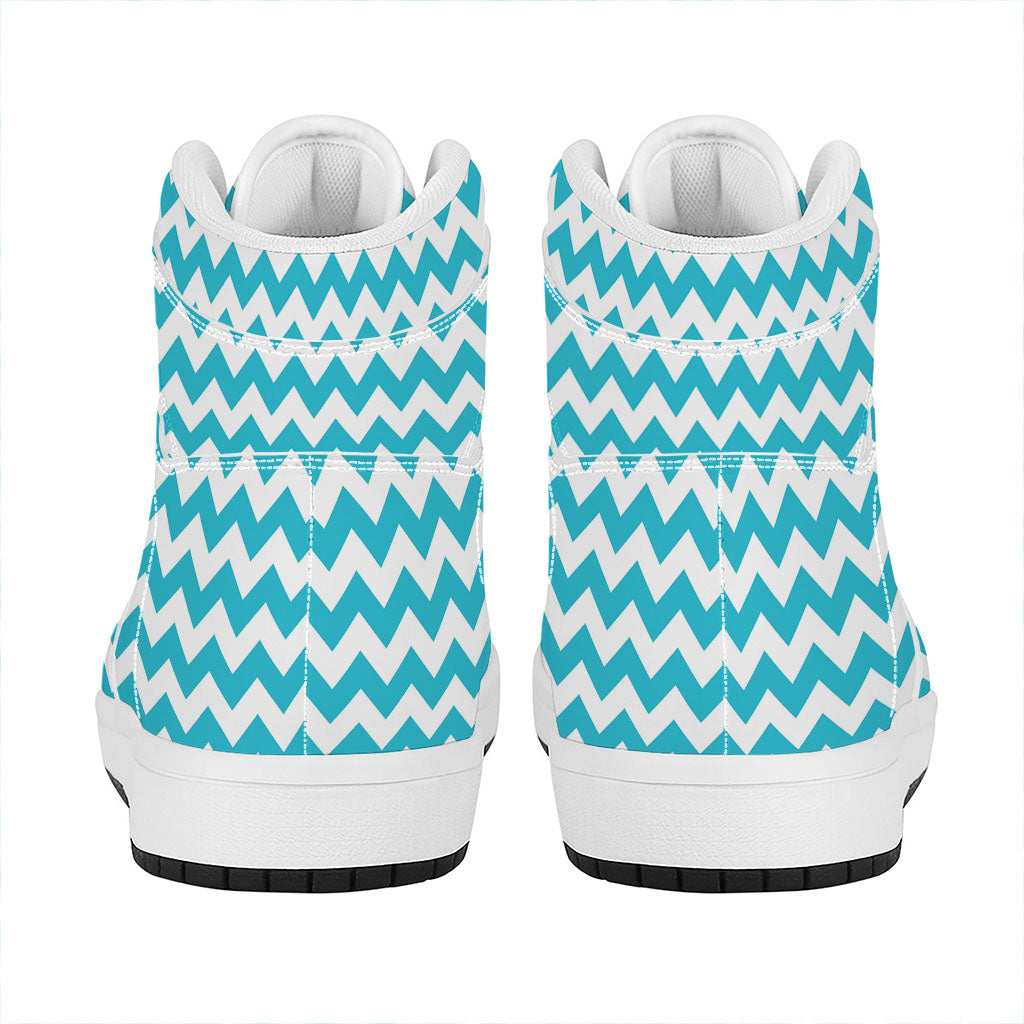 Blue And White Chevron Pattern Print High Top Leather Sneakers
