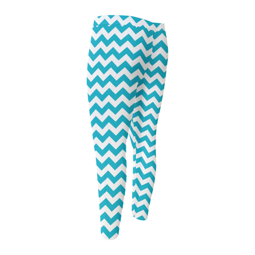 Blue And White Chevron Pattern Print Men's Compression Pants