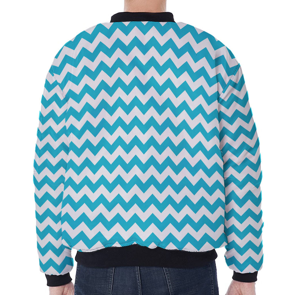 Blue And White Chevron Pattern Print Zip Sleeve Bomber Jacket