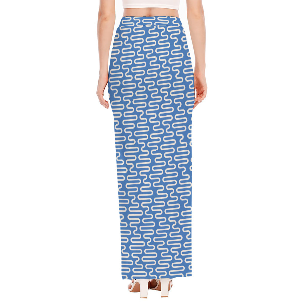 Blue And White DNA Pattern Print High Slit Maxi Skirt