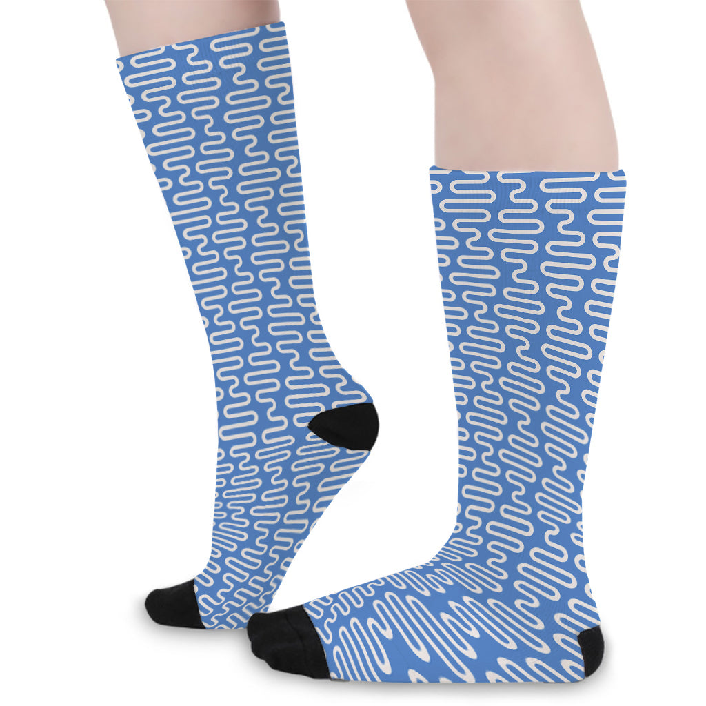 Blue And White DNA Pattern Print Long Socks