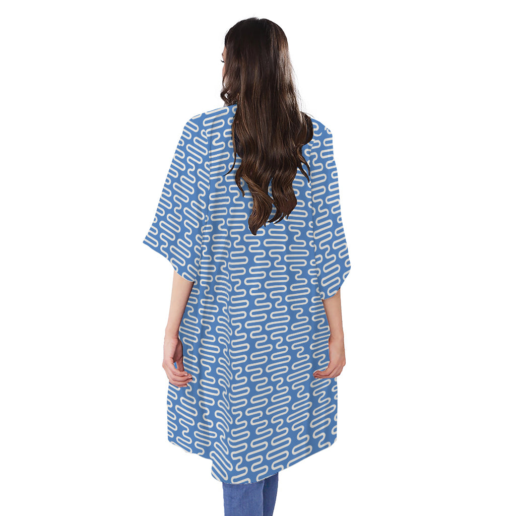 Blue And White DNA Pattern Print Open Front Beach Cover Up