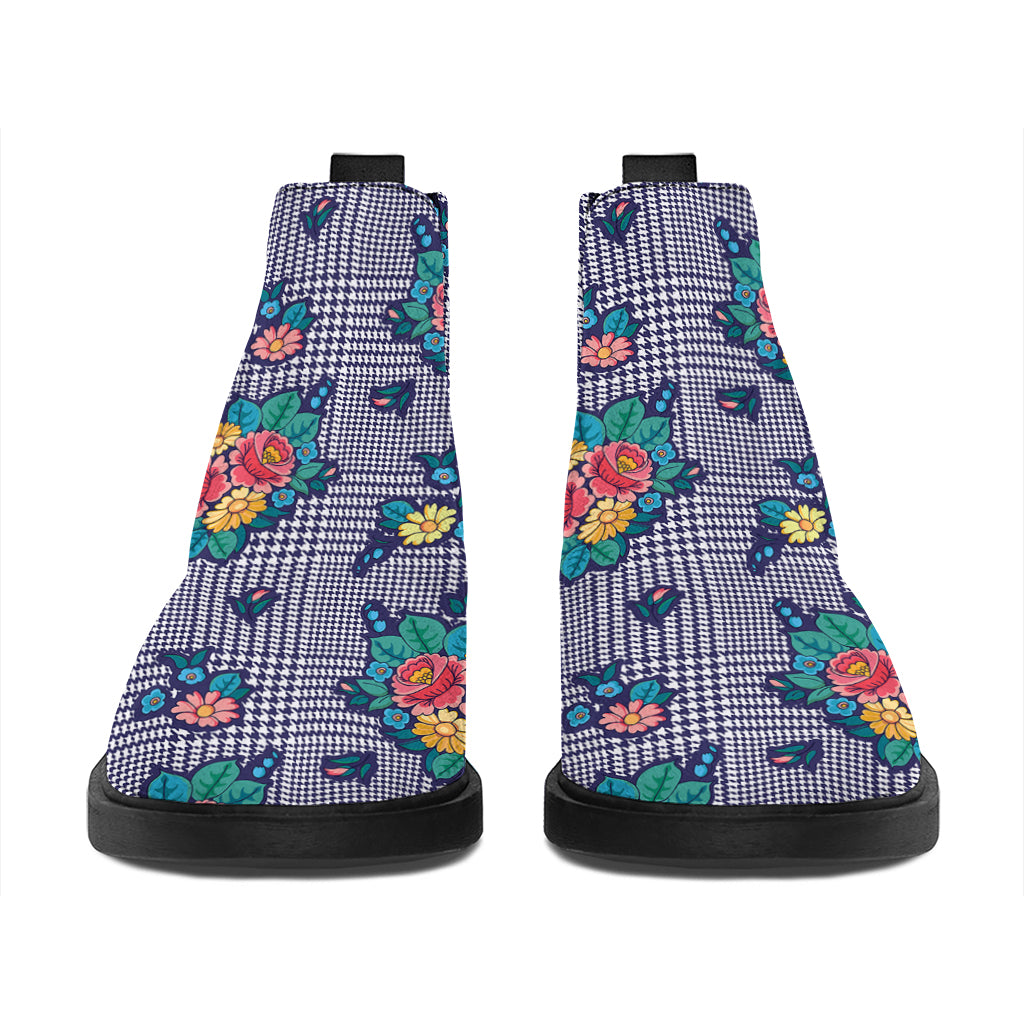 Blue And White Floral Glen Plaid Print Flat Ankle Boots