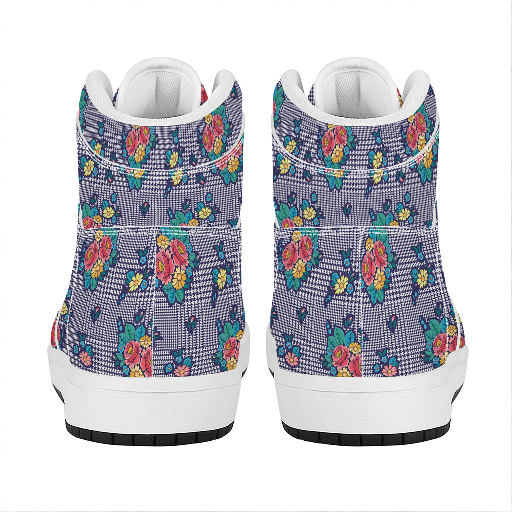 Blue And White Floral Glen Plaid Print High Top Leather Sneakers
