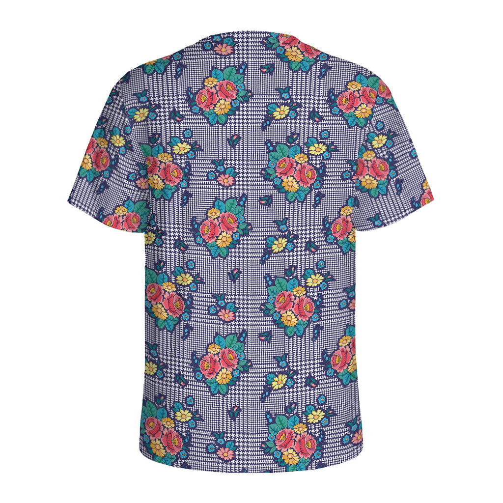 Blue And White Floral Glen Plaid Print Men's Sports T-Shirt