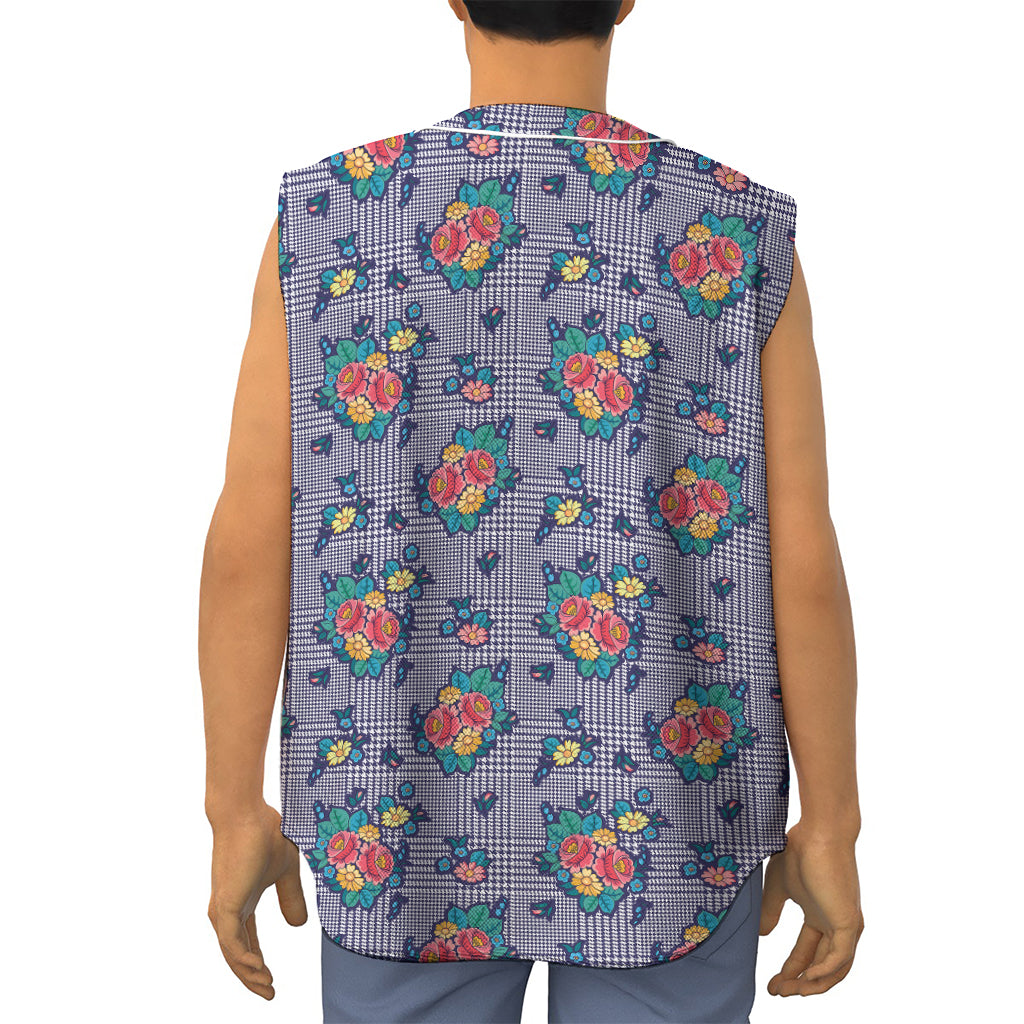 Blue And White Floral Glen Plaid Print Sleeveless Baseball Jersey