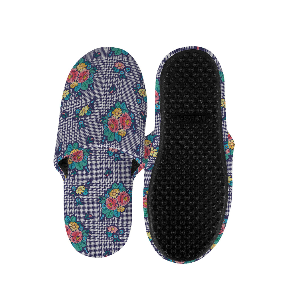 Blue And White Floral Glen Plaid Print Slippers