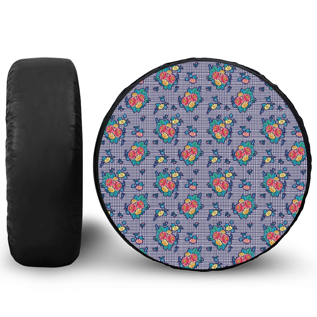 Blue And White Floral Glen Plaid Print Tire Cover