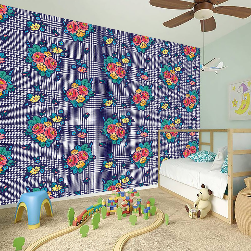Blue And White Floral Glen Plaid Print Wall Sticker