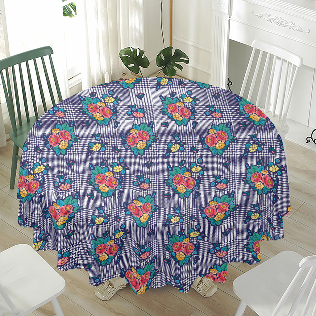 Blue And White Floral Glen Plaid Print Waterproof Round Tablecloth