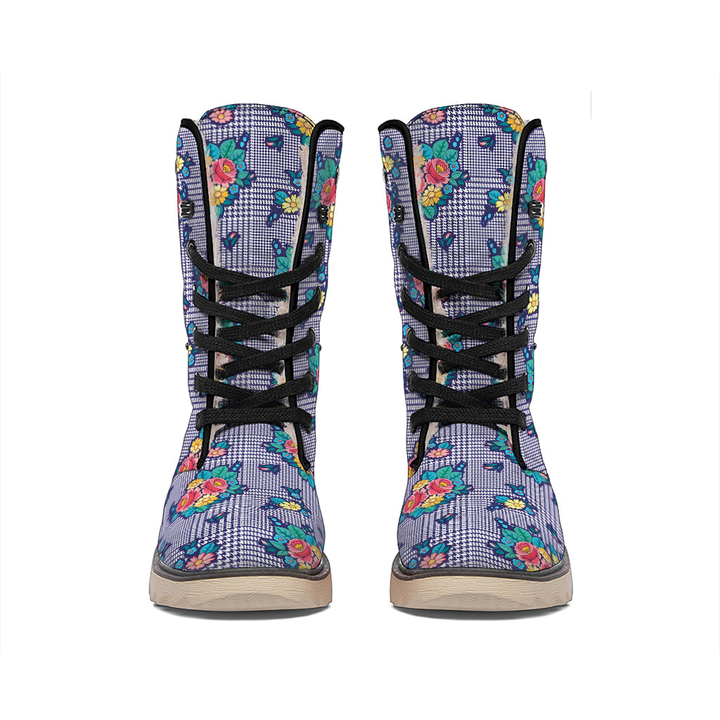 Blue And White Floral Glen Plaid Print Winter Boots