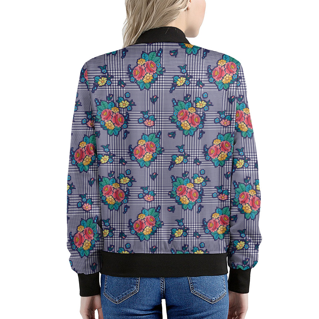 Blue And White Floral Glen Plaid Print Women's Bomber Jacket