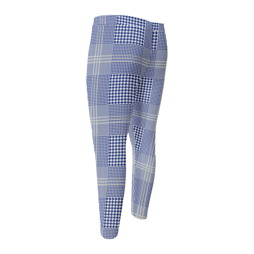 Blue And White Glen Plaid Print Men's Compression Pants