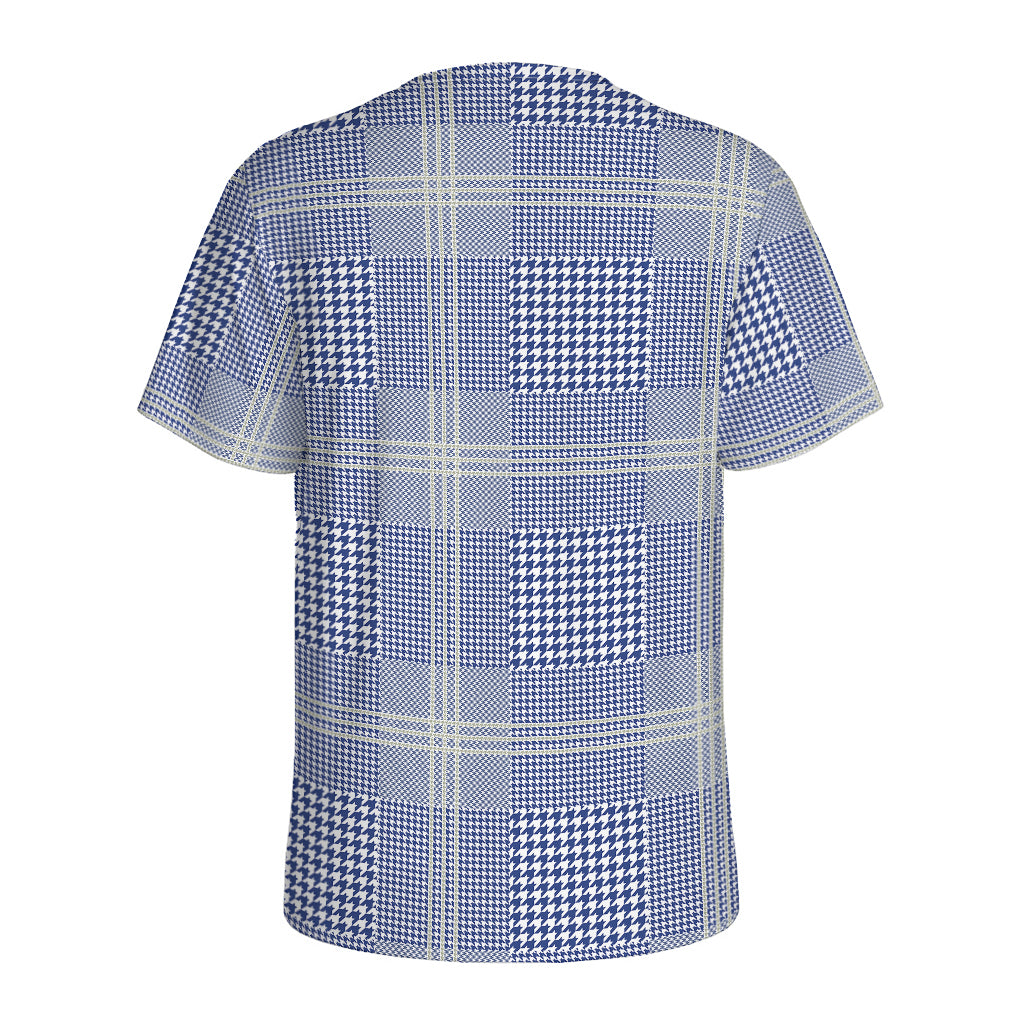 Blue And White Glen Plaid Print Men's Sports T-Shirt