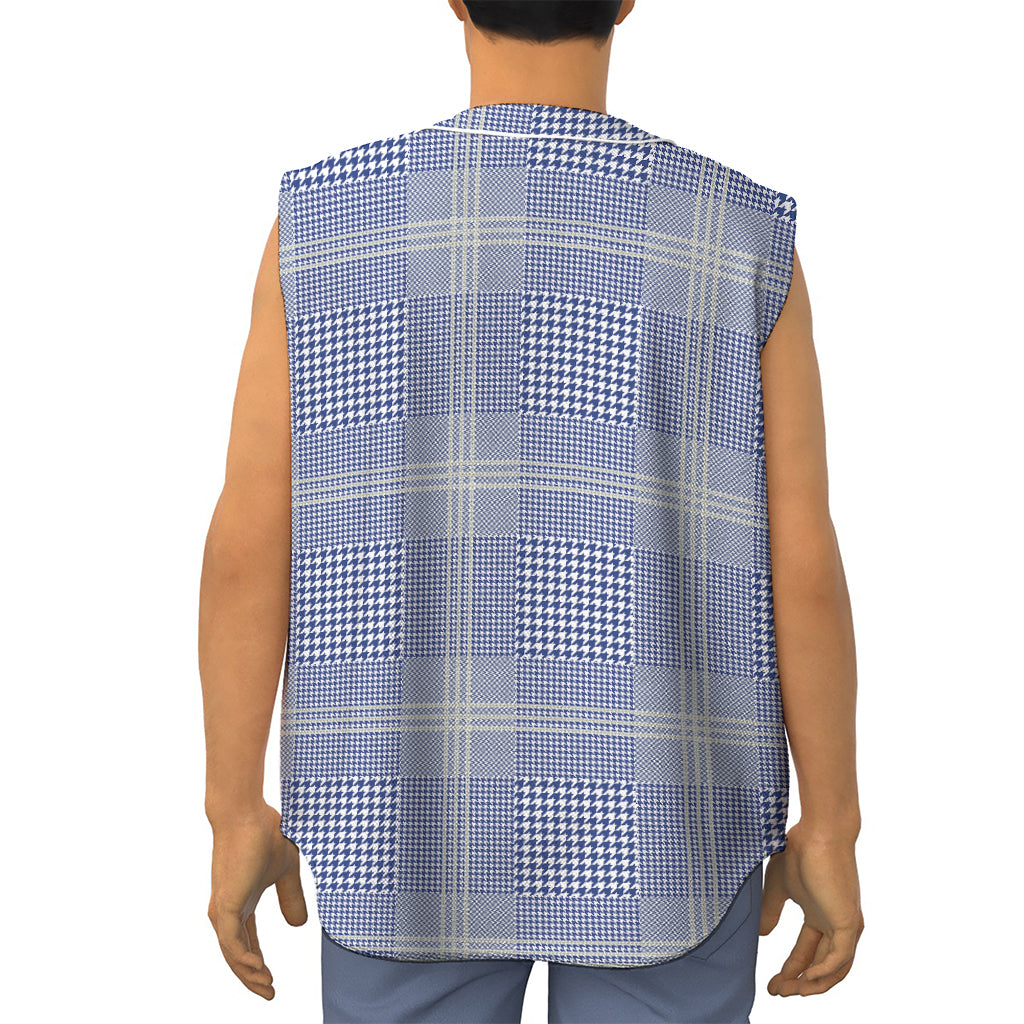Blue And White Glen Plaid Print Sleeveless Baseball Jersey
