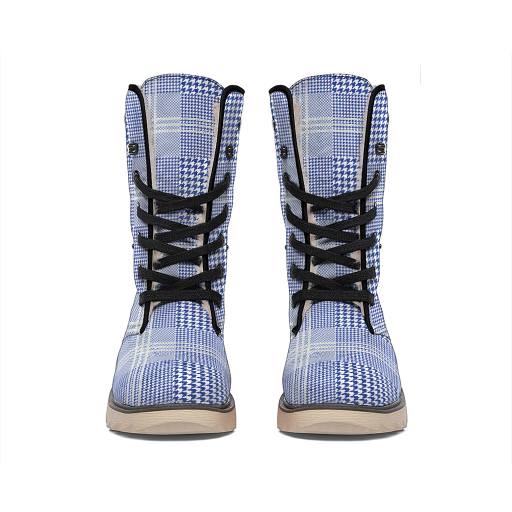 Blue And White Glen Plaid Print Winter Boots