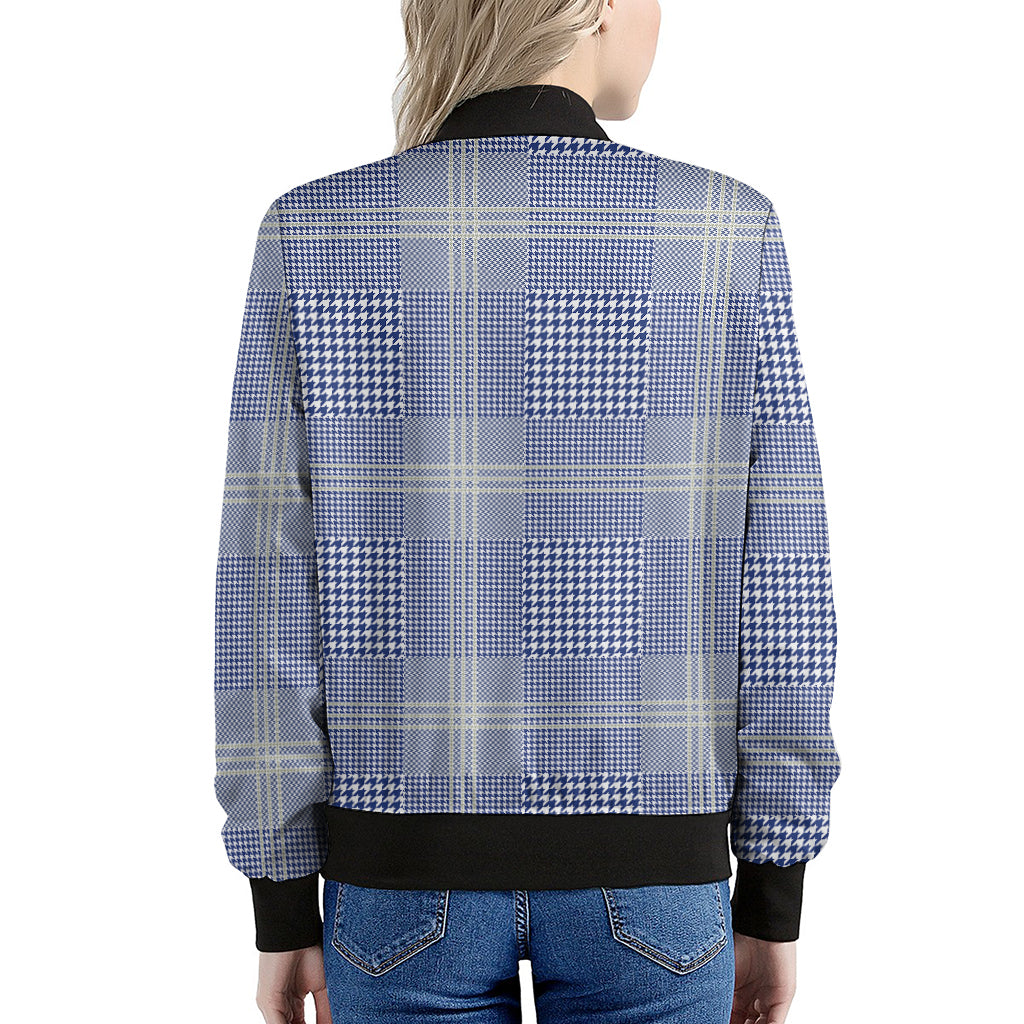 Blue And White Glen Plaid Print Women's Bomber Jacket