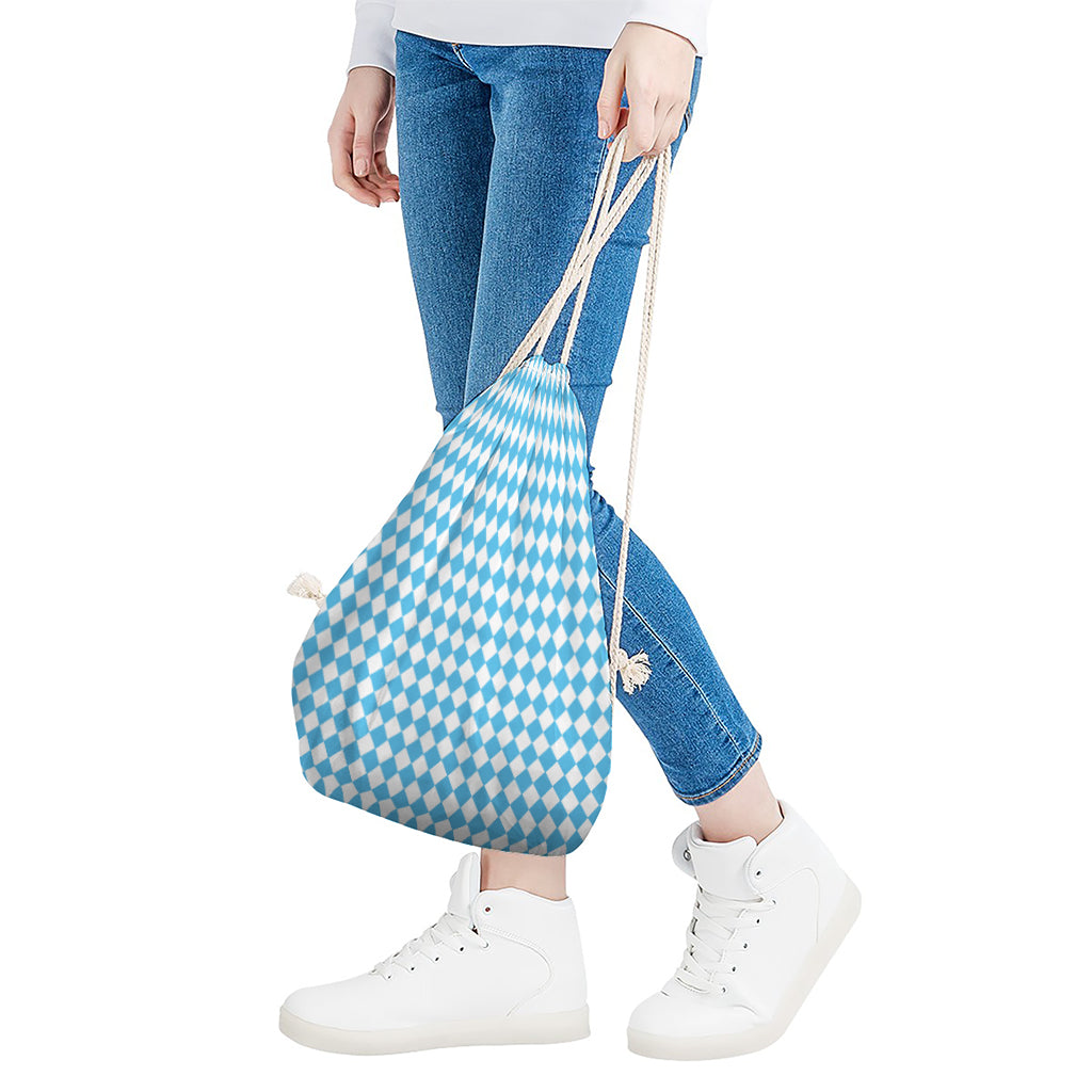Blue And White Harlequin Pattern Print Drawstring Bag
