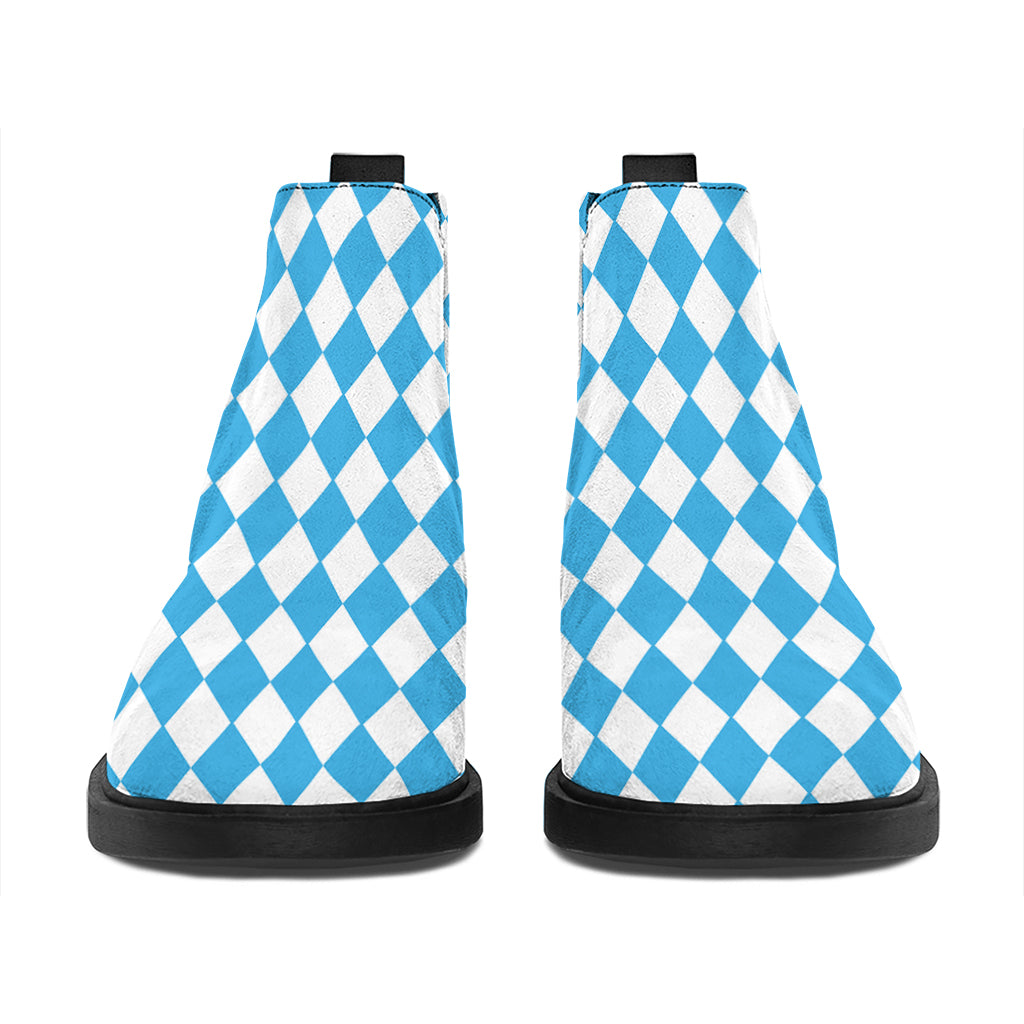 Blue And White Harlequin Pattern Print Flat Ankle Boots