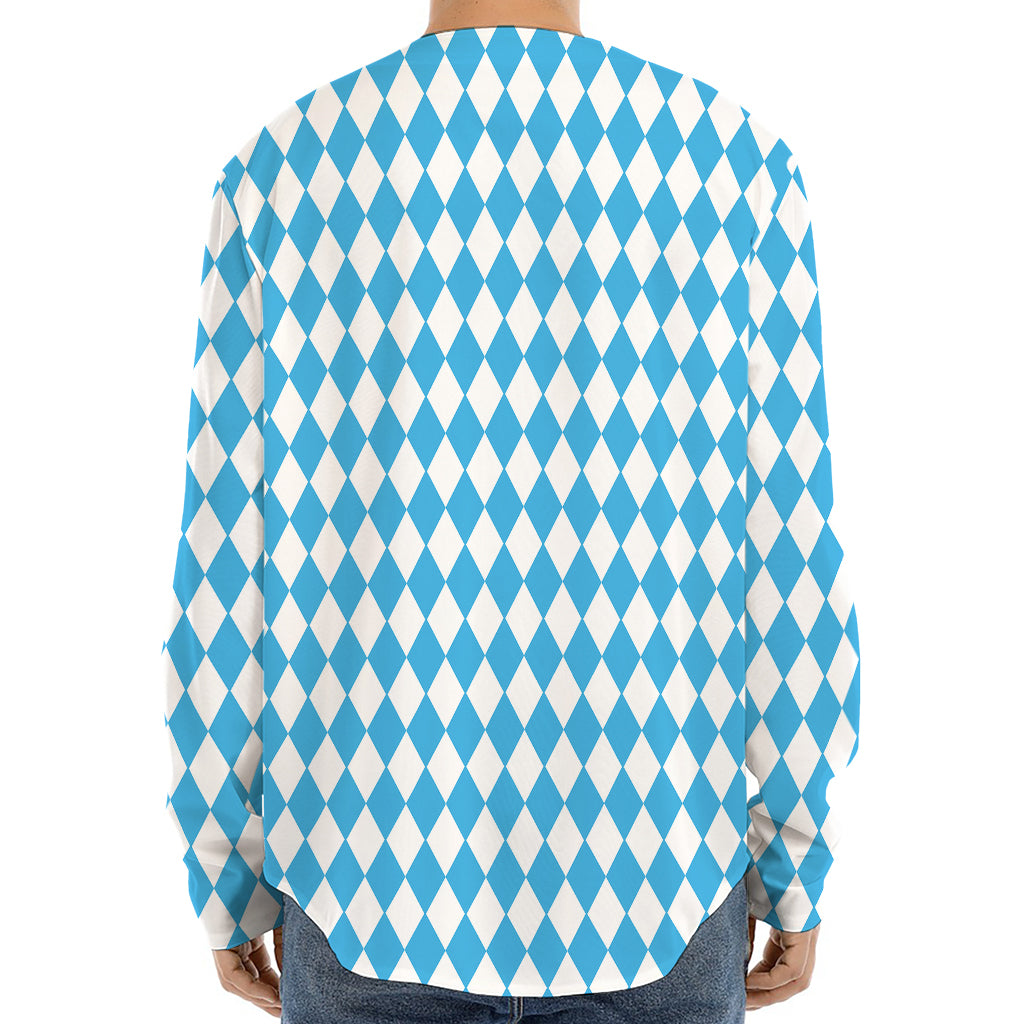 Blue And White Harlequin Pattern Print Long Sleeve Baseball Jersey