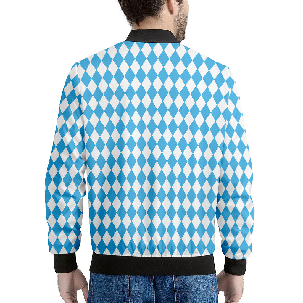 Blue And White Harlequin Pattern Print Men's Bomber Jacket