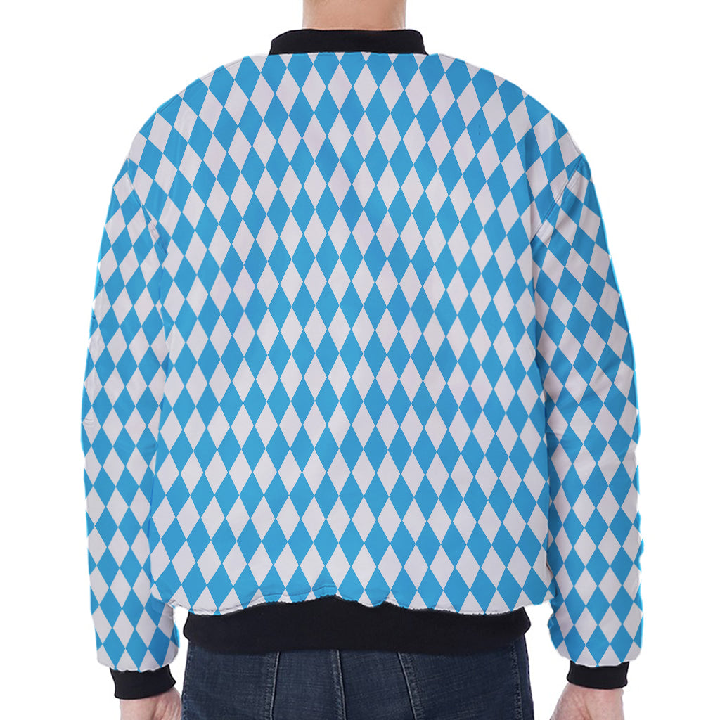 Blue And White Harlequin Pattern Print Zip Sleeve Bomber Jacket